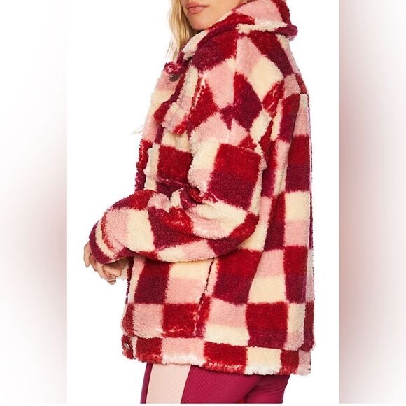 NWT Beach Riot Laurie Jacket Pink Berry Sangria Check Sherpa Button Up Sz M - Picture 2 of 11